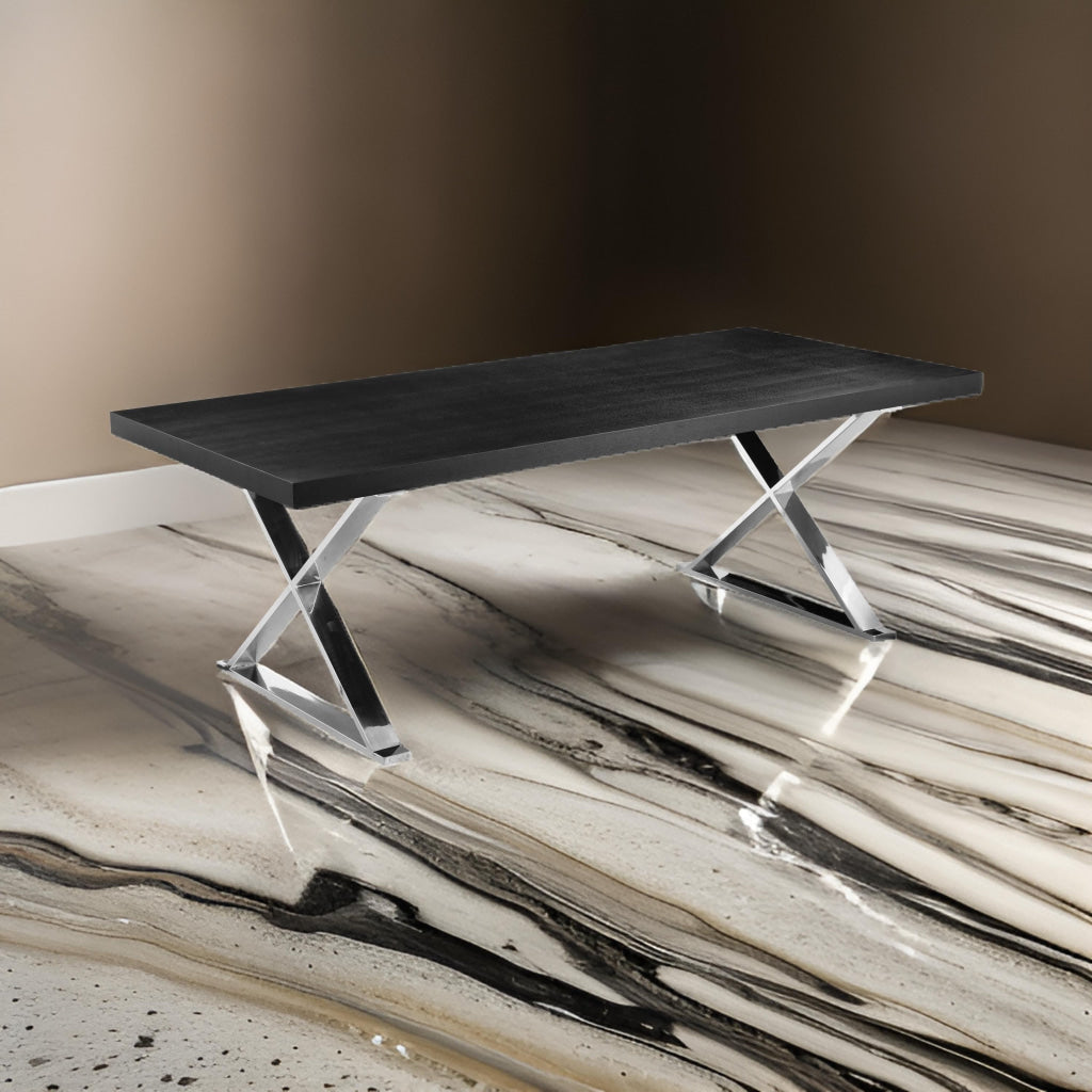 Rix 87 Inch Dining Table, Black Wood Top, X Chrome Finished Steel Legs By Casagear Home