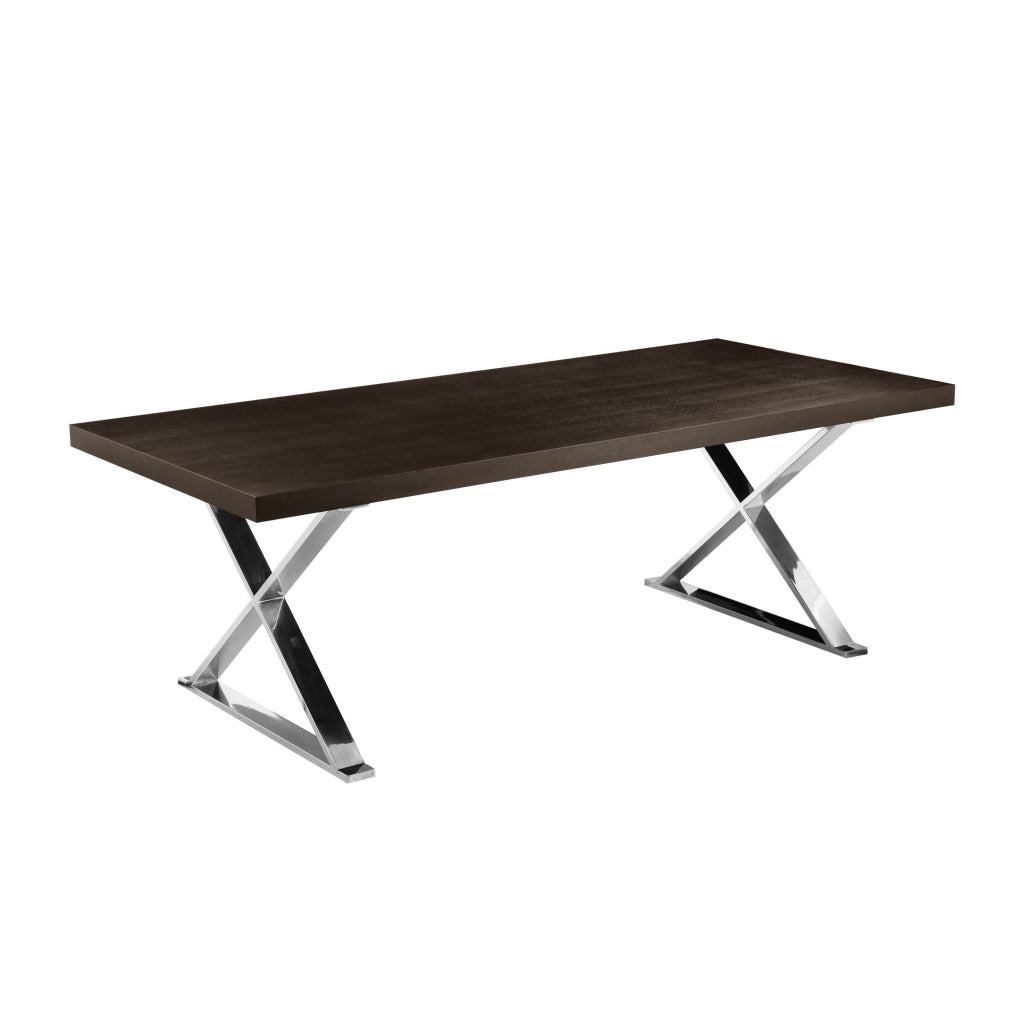 Rix 87 Inch Dining Table Espresso Brown Wood Top X Chrome Steel Legs By Casagear Home BM315090