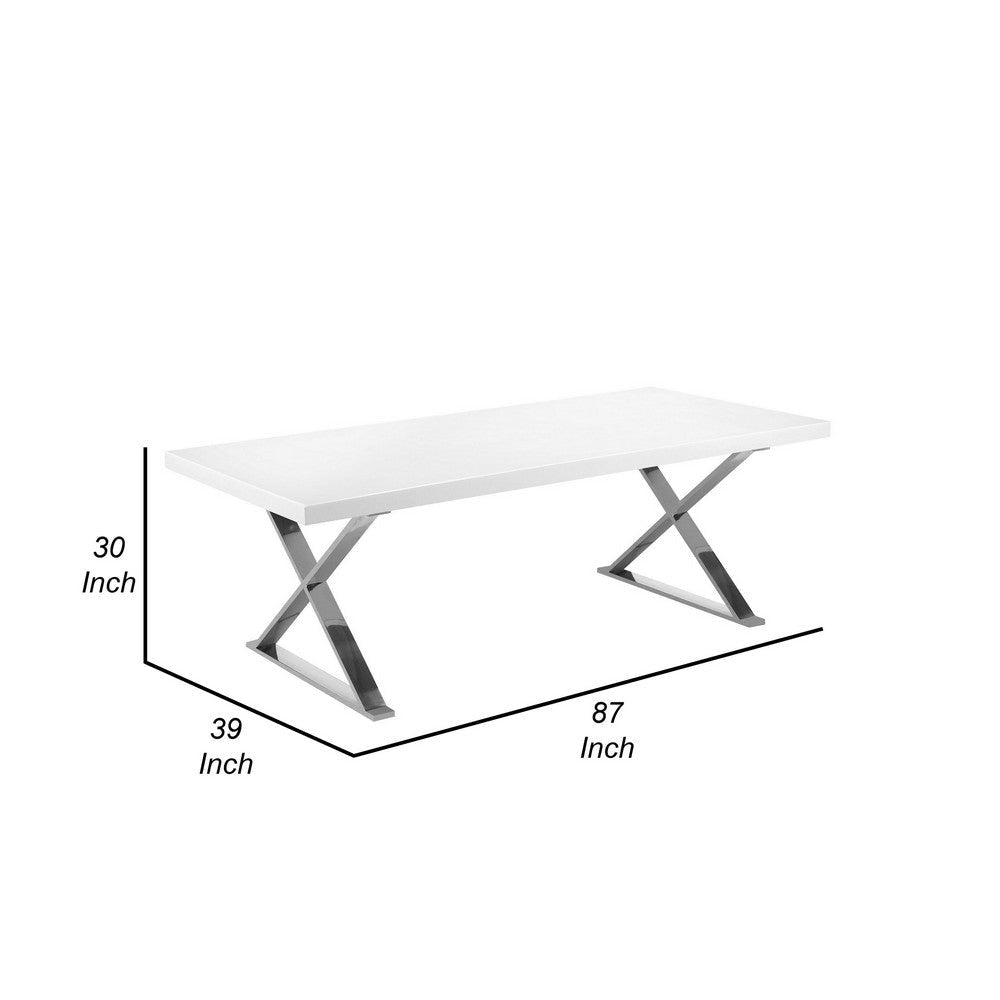 Rix 87 Inch Dining Table White Wood Top X Chrome Finished Steel Legs By Casagear Home BM315091