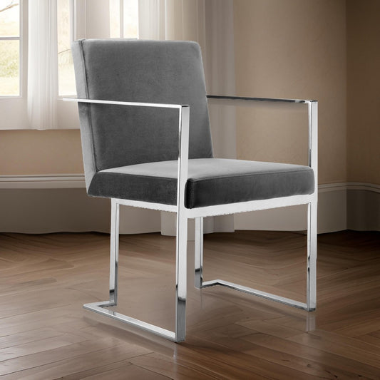 Boly 22 Inch Dining Armchair, Gray Velvet, Cushions, Chrome Steel Frame By Casagear Home