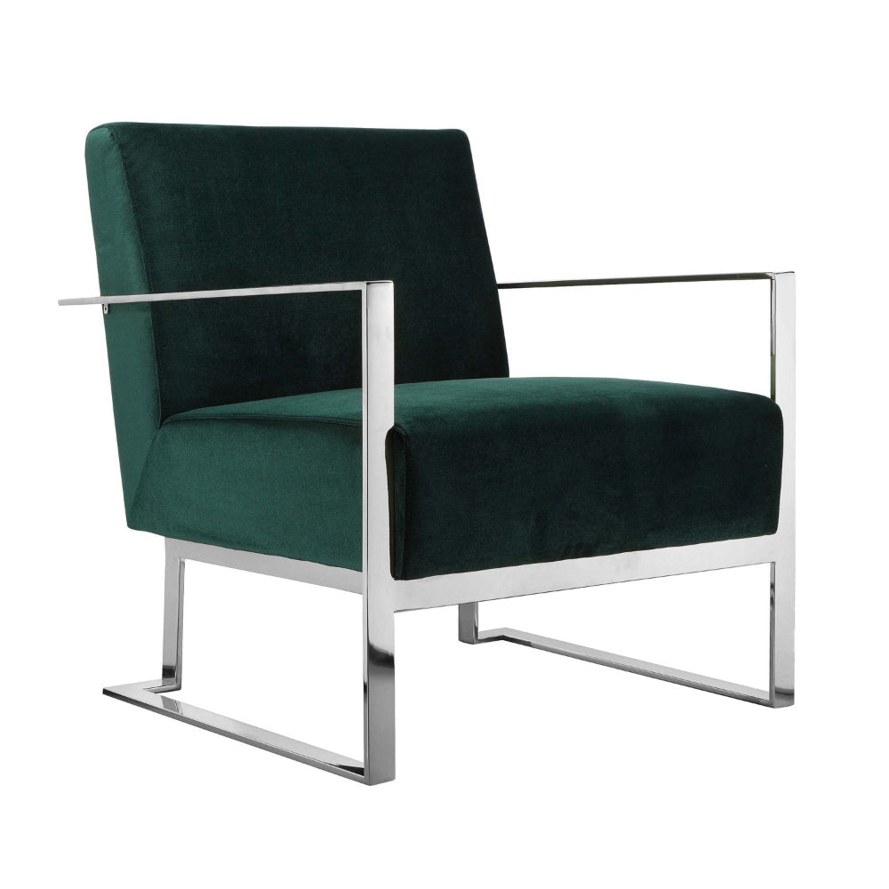 Boly 28 Inch Lounge Chair, Green Velvet, Foam Cushions, Chrome Steel Base By Casagear Home