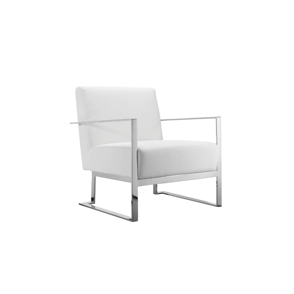 Boly 28 Inch Lounge Chair, White Faux Leather, Cushions, Chrome Steel Base By Casagear Home