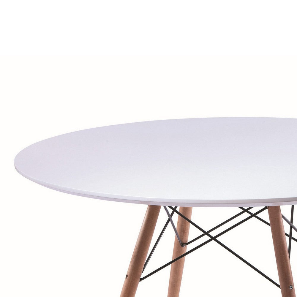 Ben 47 Inch Dining Table Round White Lacquer Tapered Legs Wood Metal By Casagear Home BM315125