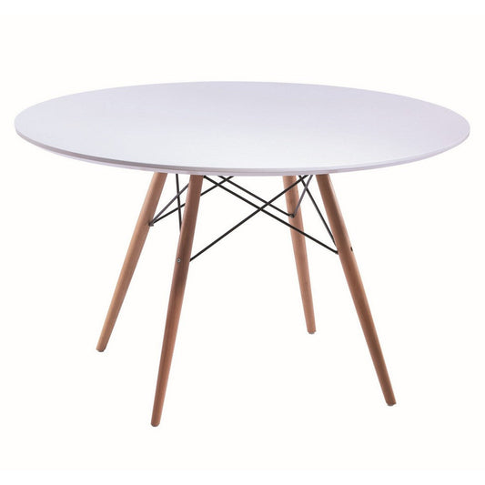 Ben 47 Inch Dining Table, Round White Lacquer, Tapered Legs, Wood, Metal By Casagear Home