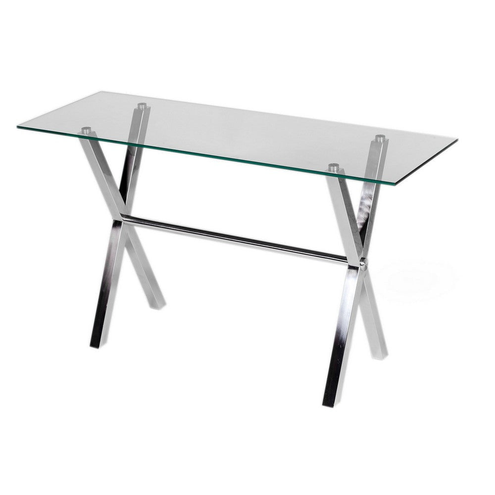 Tia 51 Inch Office Desk, Rectangular Clear Tempered Glass Top, Silver Legs By Casagear Home