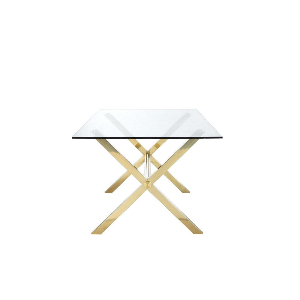 Tia 79 Inch Dining Table Rectangular Tempered Glass Top Gold Clear By Casagear Home BM315137