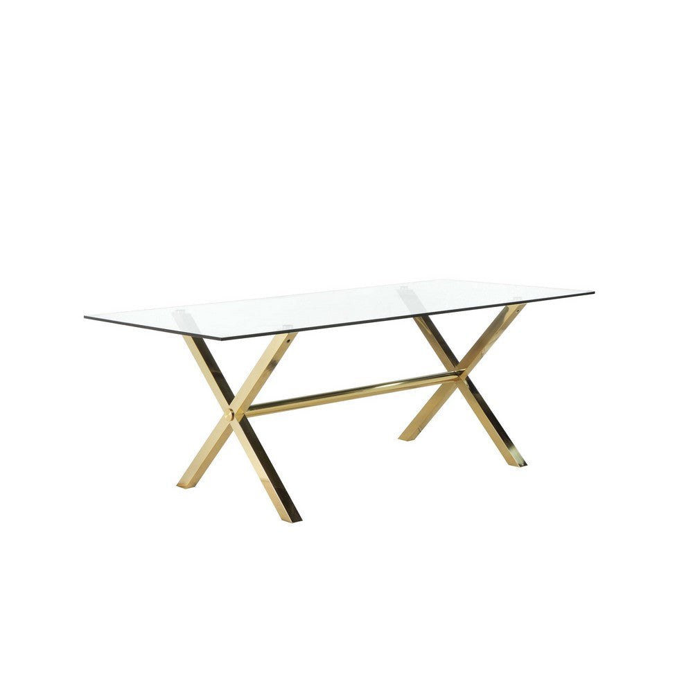 Tia 79 Inch Dining Table, Rectangular Tempered Glass Top, Gold, Clear By Casagear Home