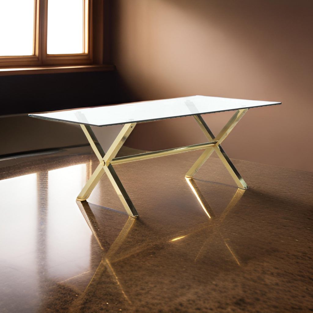 Tia 79 Inch Dining Table, Rectangular Tempered Glass Top, Gold, Clear By Casagear Home