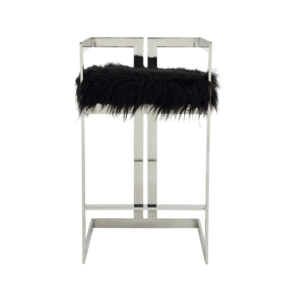 Suki 30 Inch Barstool Chair Cushioned Black Faux Fur Silver Cantilever By Casagear Home BM315138