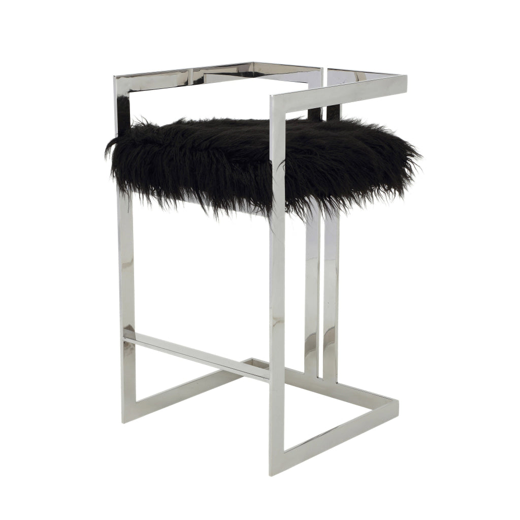 Suki 30 Inch Barstool Chair Cushioned Black Faux Fur Silver Cantilever By Casagear Home BM315138