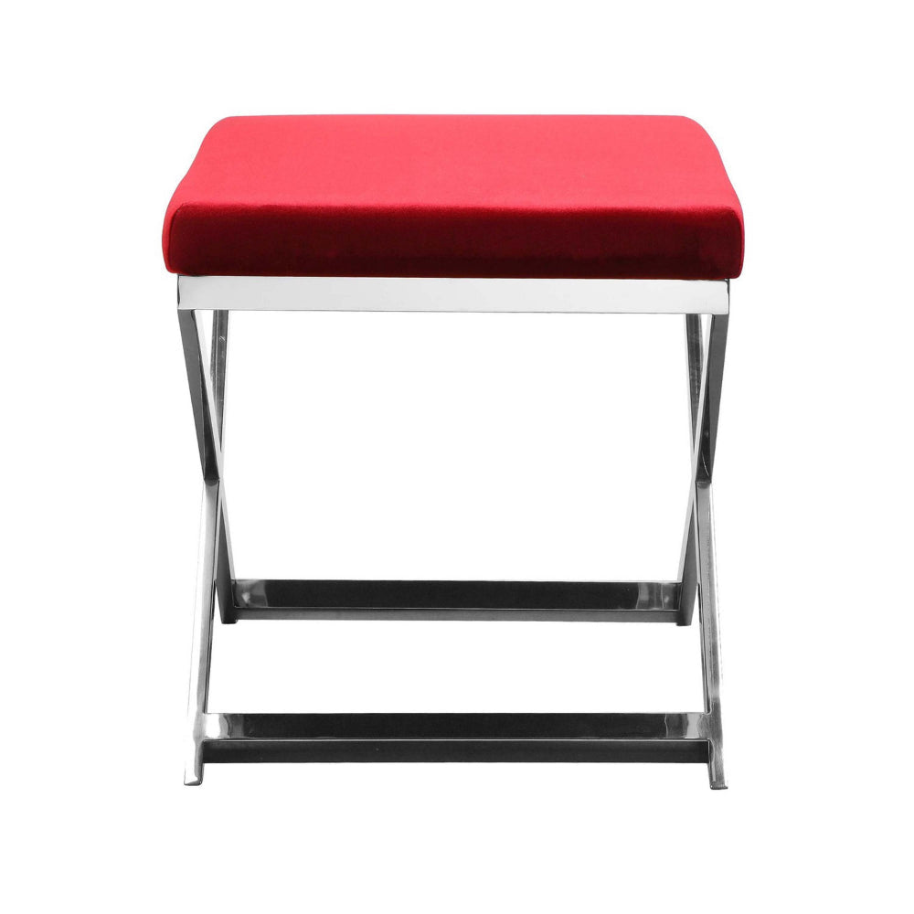 Sovi 24 Inch Stool Ottoman Red Velvet Seat Silver Finish Cross Frame By Casagear Home BM315139