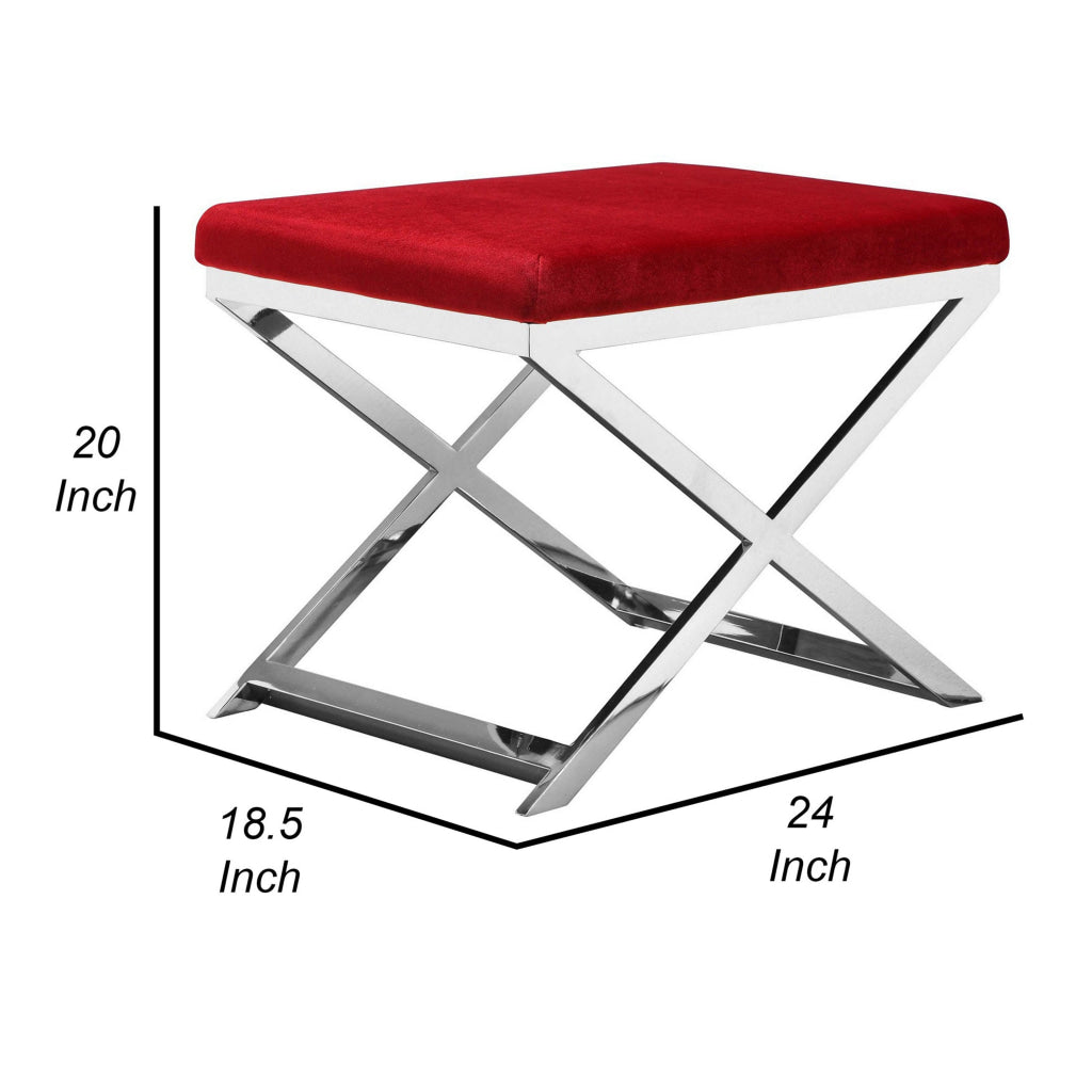 Sovi 24 Inch Stool Ottoman Red Velvet Seat Silver Finish Cross Frame By Casagear Home BM315139