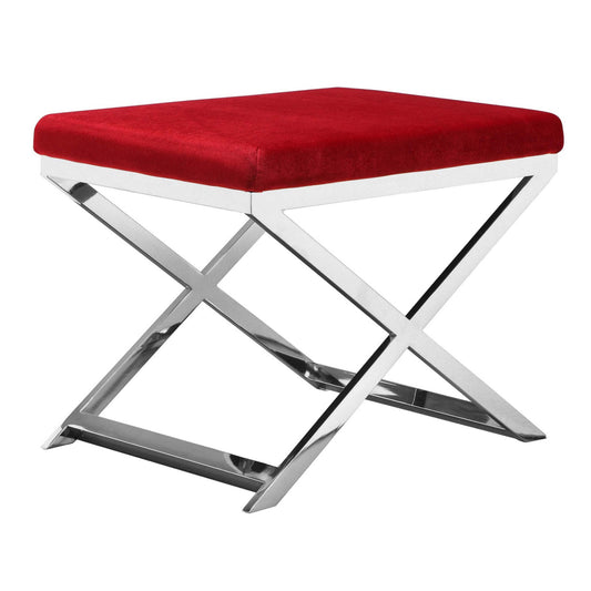 Sovi 24 Inch Stool Ottoman, Red Velvet Seat, Silver Finish Cross Frame  By Casagear Home