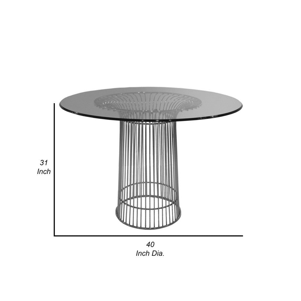 Pima 40 Inch Dining Table Round Tempered Glass Top Open Padestal Base By Casagear Home BM315141