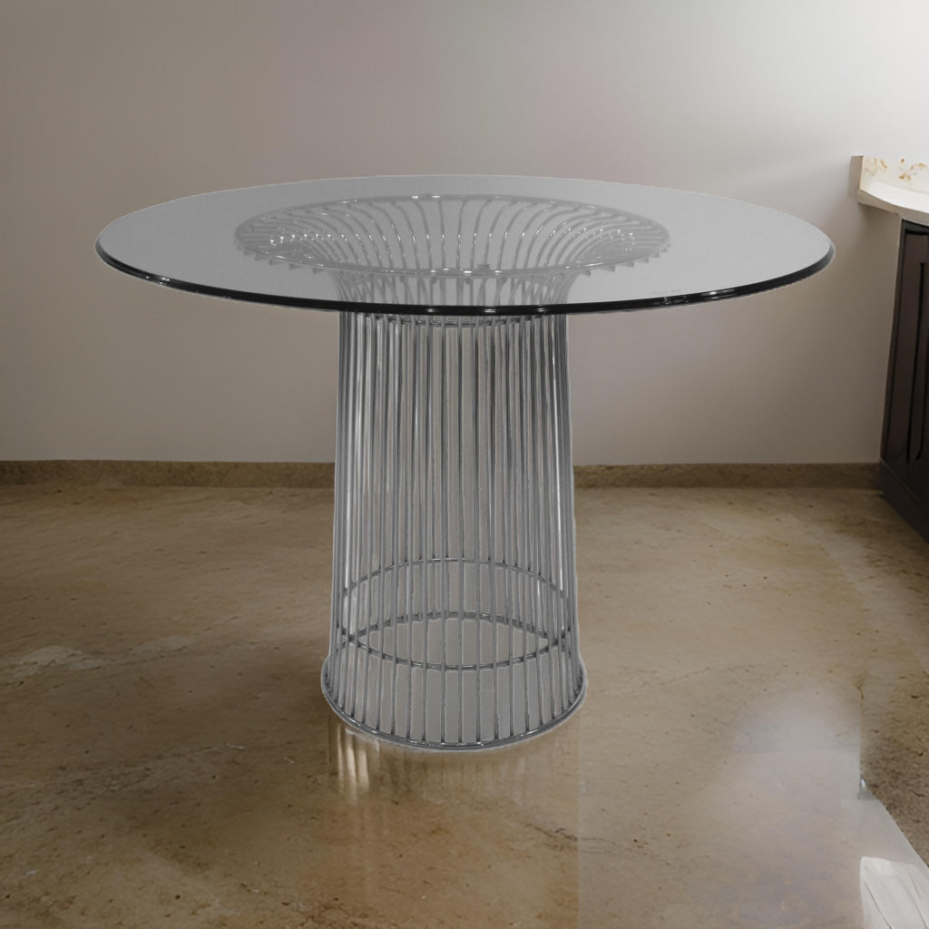 Pima 40 Inch Dining Table, Round Tempered Glass Top, Open Padestal Base By Casagear Home