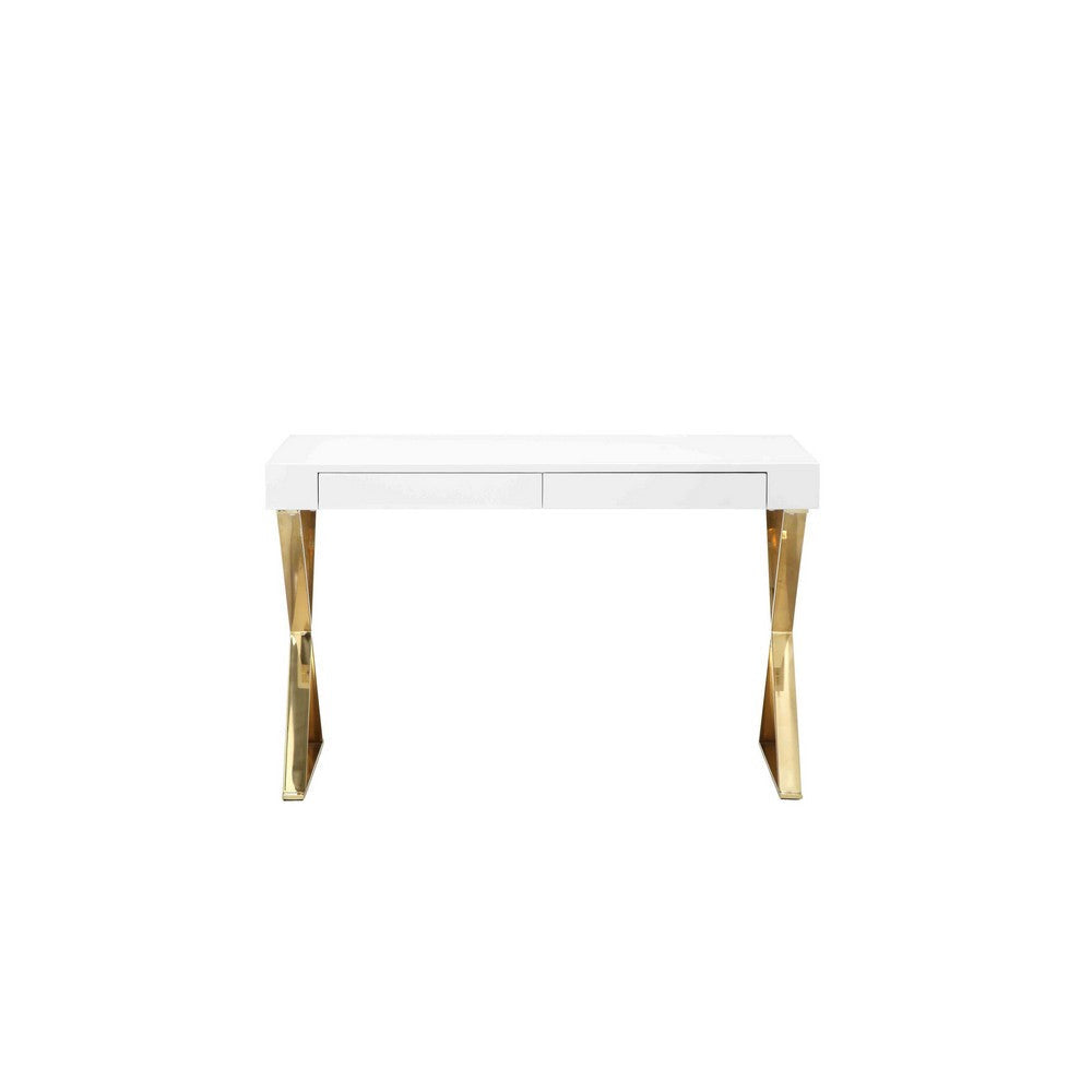 Rix 47 Inch Office Desk 2 Drawers Gold Metal Base Rectangular White By Casagear Home BM315142