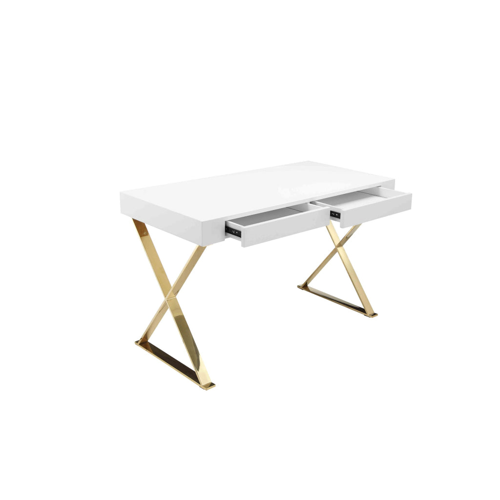 Rix 47 Inch Office Desk 2 Drawers Gold Metal Base Rectangular White By Casagear Home BM315142