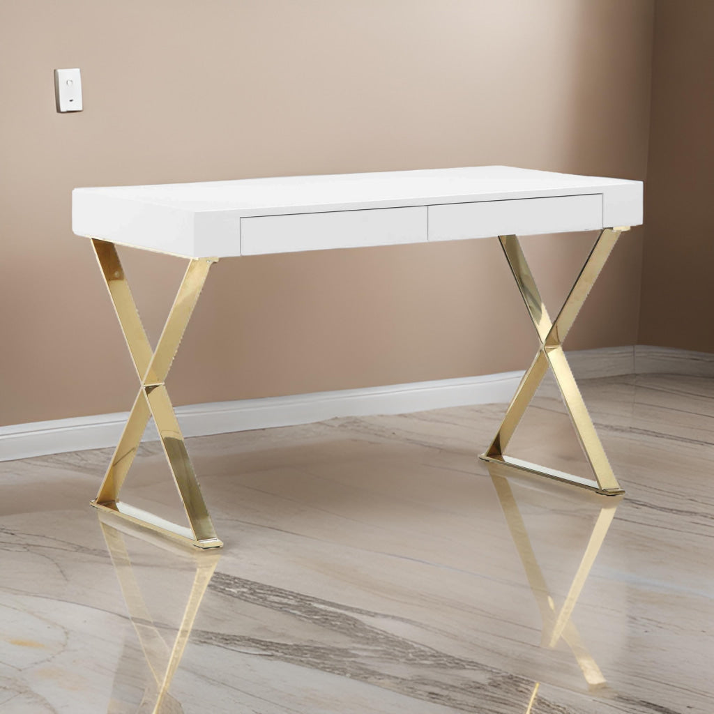 Rix 47 Inch Office Desk, 2 Drawers, Gold Metal Base, Rectangular, White By Casagear Home