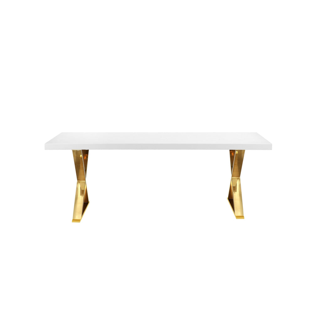 Rix 87 Inch Dining Table Rectangular White Top Gold Finished Metal Base By Casagear Home BM315143