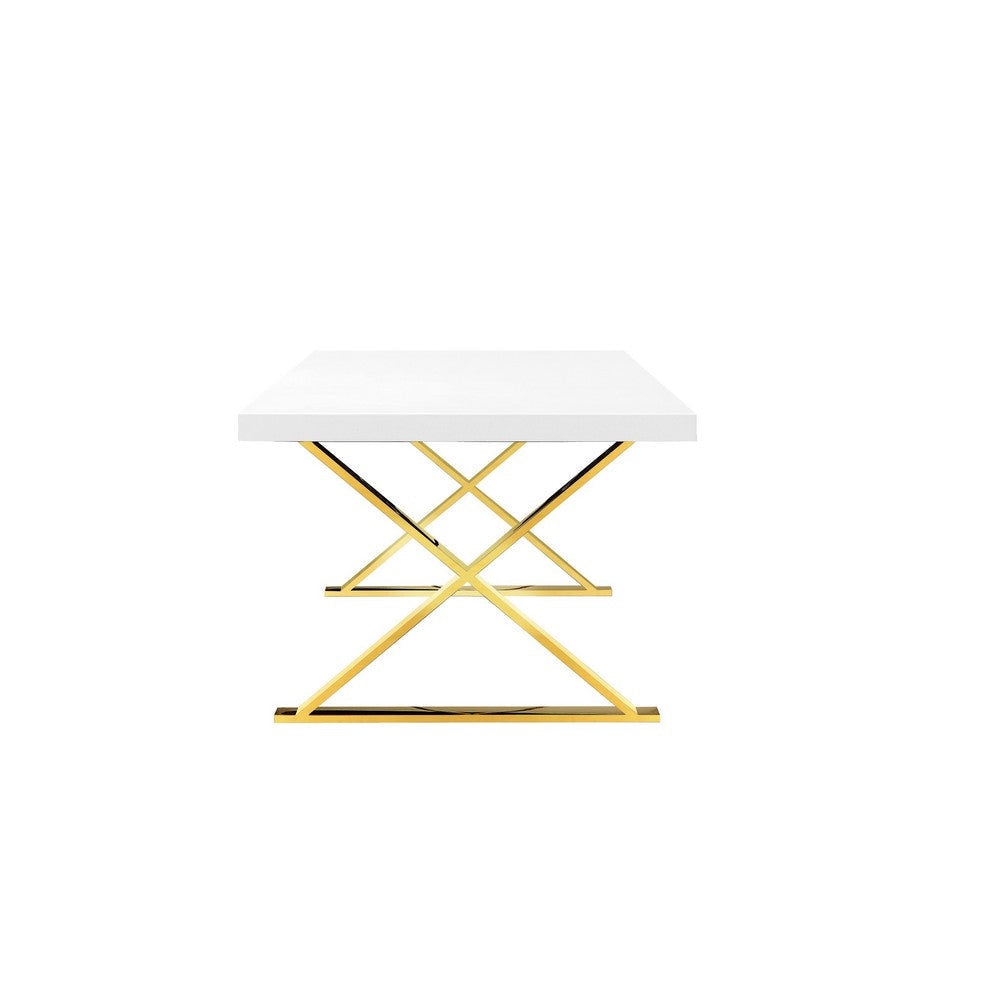 Rix 87 Inch Dining Table Rectangular White Top Gold Finished Metal Base By Casagear Home BM315143