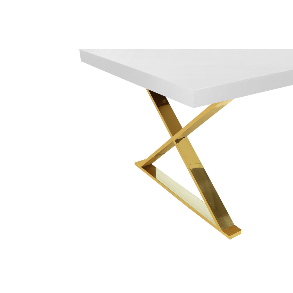 Rix 87 Inch Dining Table Rectangular White Top Gold Finished Metal Base By Casagear Home BM315143