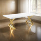 Rix 87 Inch Dining Table, Rectangular White Top, Gold Finished Metal Base By Casagear Home