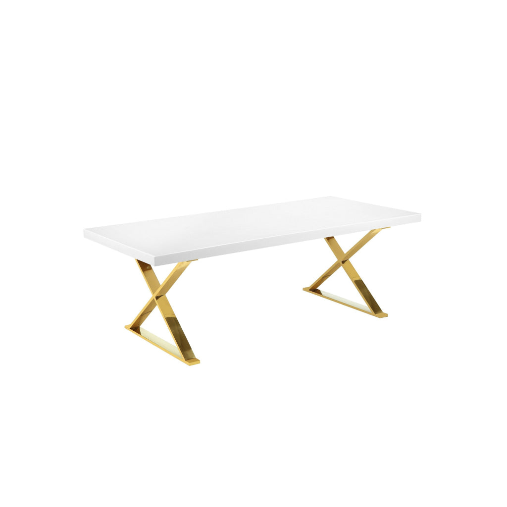 Rix 87 Inch Dining Table Rectangular White Top Gold Finished Metal Base By Casagear Home BM315143