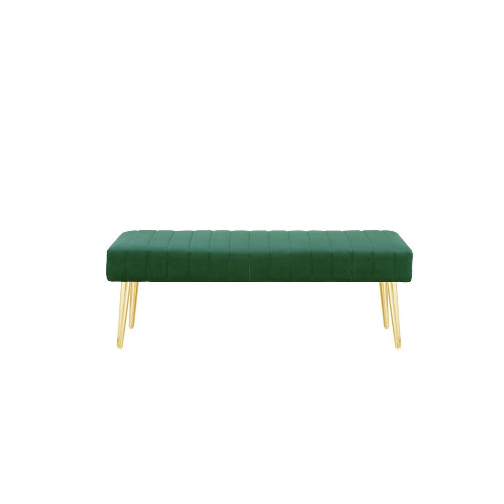 Lida 45 Inch Bench Cushioned Channel Tufting Green Velvet Upholstery Gold By Casagear Home BM315145