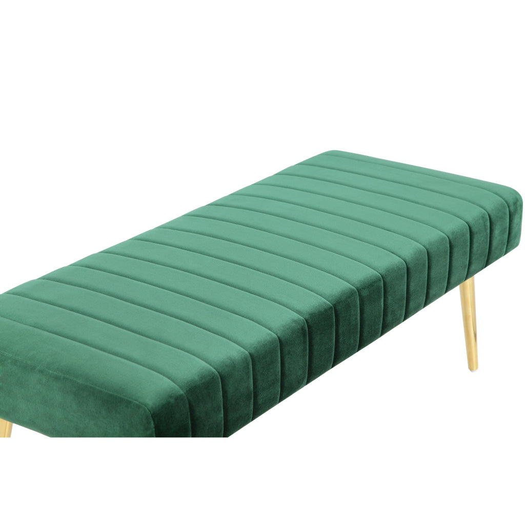 Lida 45 Inch Bench Cushioned Channel Tufting Green Velvet Upholstery Gold By Casagear Home BM315145