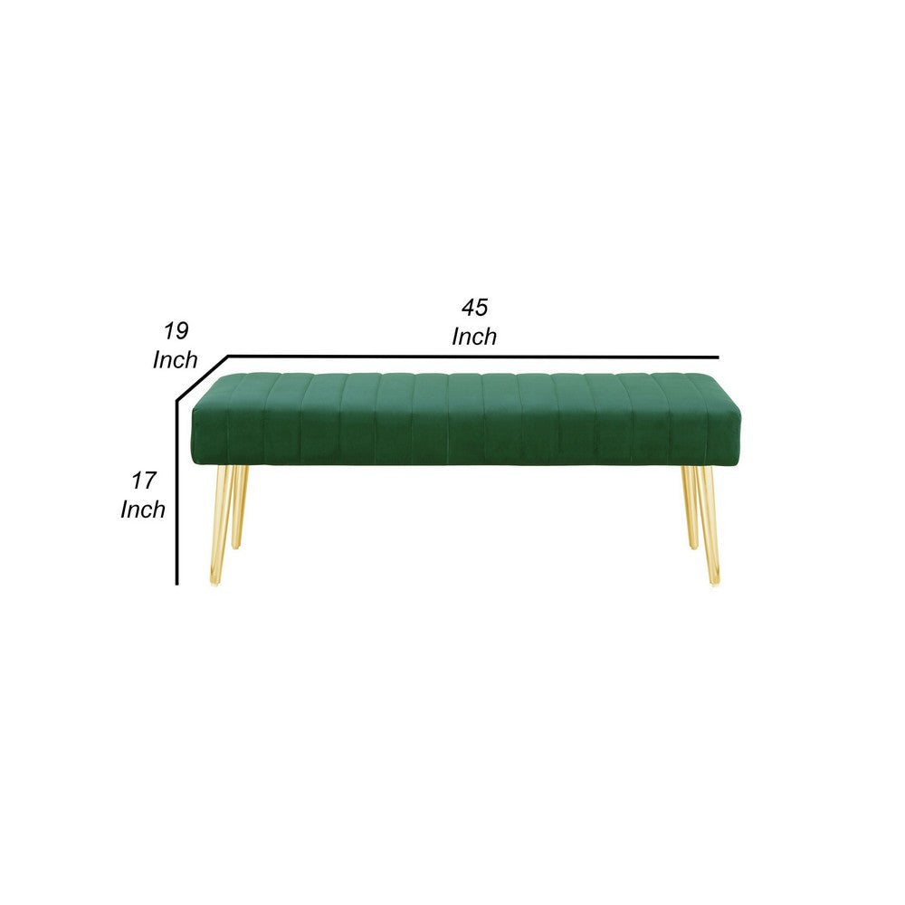 Lida 45 Inch Bench Cushioned Channel Tufting Green Velvet Upholstery Gold By Casagear Home BM315145