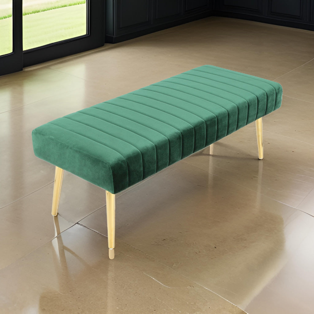 Lida 45 Inch Bench, Cushioned Channel Tufting, Green Velvet Upholstery, Gold By Casagear Home