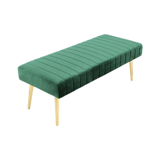 Lida 45 Inch Bench, Cushioned Channel Tufting, Green Velvet Upholstery, Gold By Casagear Home