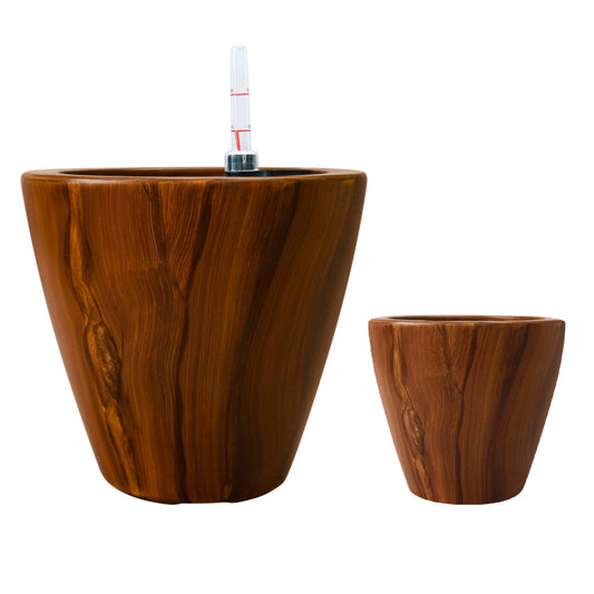 Shyo Self Watering Planter Set of 2 Round Pots Dark Brown Faux Wood By Casagear Home BM315150