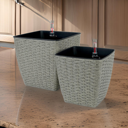 Aly Self Watering Planter Set of 2 Intricately Hand Woven Rattan Gray By Casagear Home BM315160