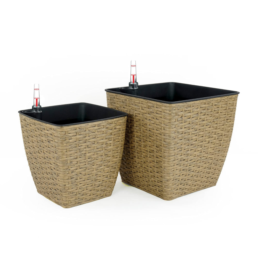 Aly Self Watering Planter Set of 2 Intricately Hand Woven Rattan Brown By Casagear Home BM315161