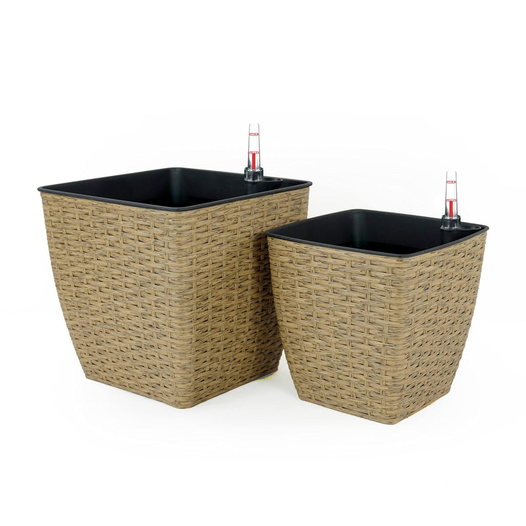 Aly Self Watering Planter Set of 2 Intricately Hand Woven Rattan Brown By Casagear Home BM315161