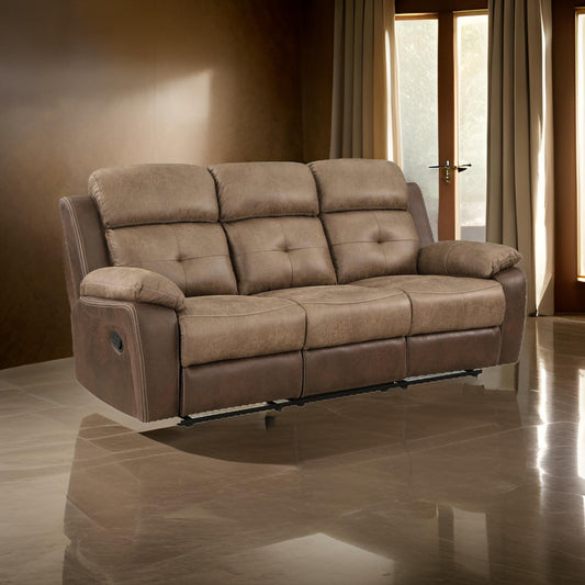 Emma 84 Inch Double Manual Recliner Sofa, Soft Brown Microfiber, Solid Wood By Casagear Home