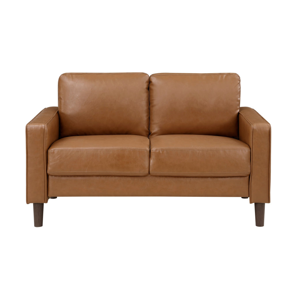 Stark 54 Inch Loveseat Brown Faux Leather Track Style Arms Solid Wood By Casagear Home BM315170