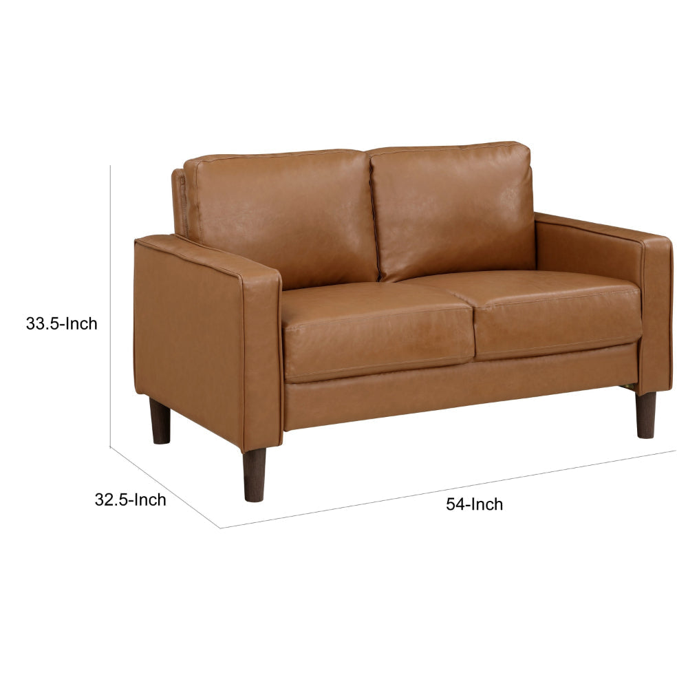 Stark 54 Inch Loveseat Brown Faux Leather Track Style Arms Solid Wood By Casagear Home BM315170