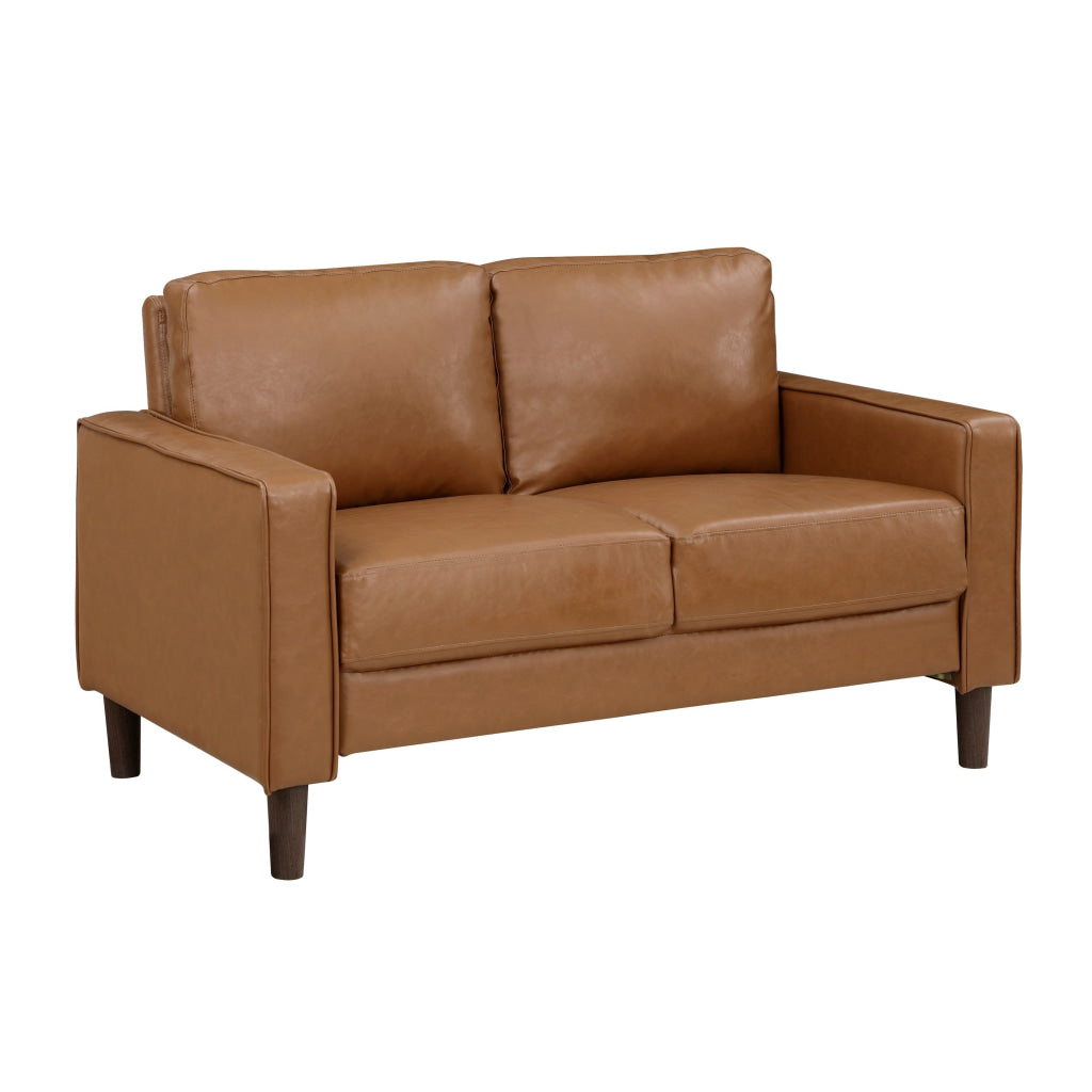 Stark 54 Inch Loveseat Brown Faux Leather Track Style Arms Solid Wood By Casagear Home BM315170