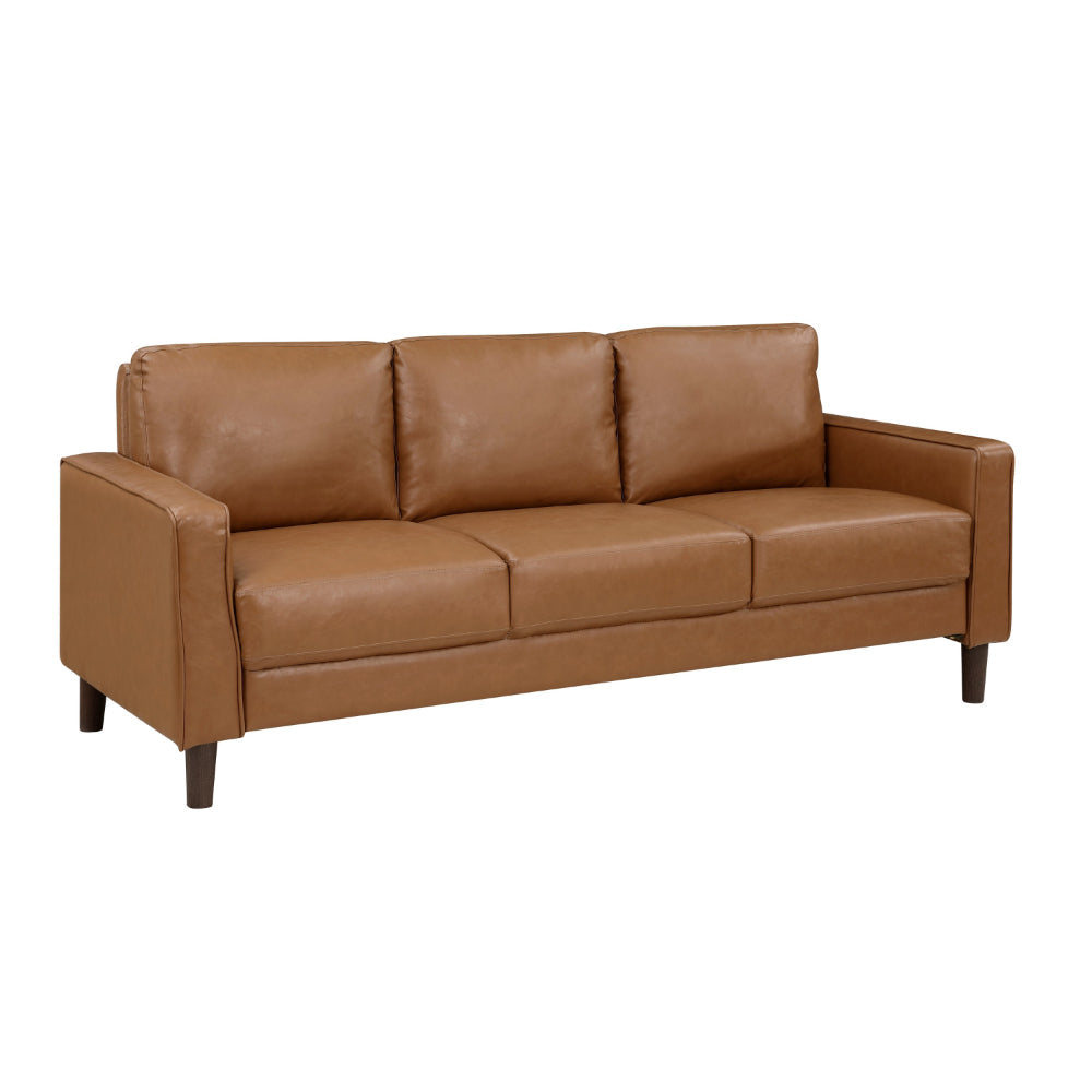 Stark 77 Inch Sofa, Brown Faux Leather, Track Style Arms, Solid Wood Frame By Casagear Home