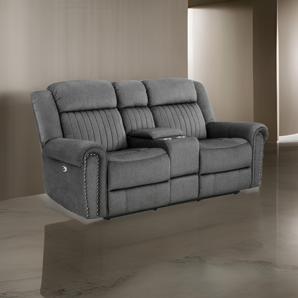 Ben 76 Inch Power Double Recliner Loveseat, Gray Microfiber, Console, Cupholders By Casagear Home