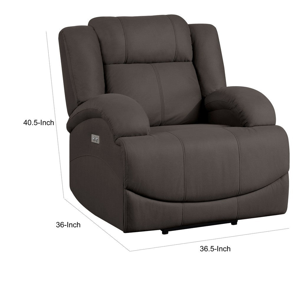 Kate 37 Inch Power Recliner Chair USB Brown Microfiber Solid Wood By Casagear Home BM315178