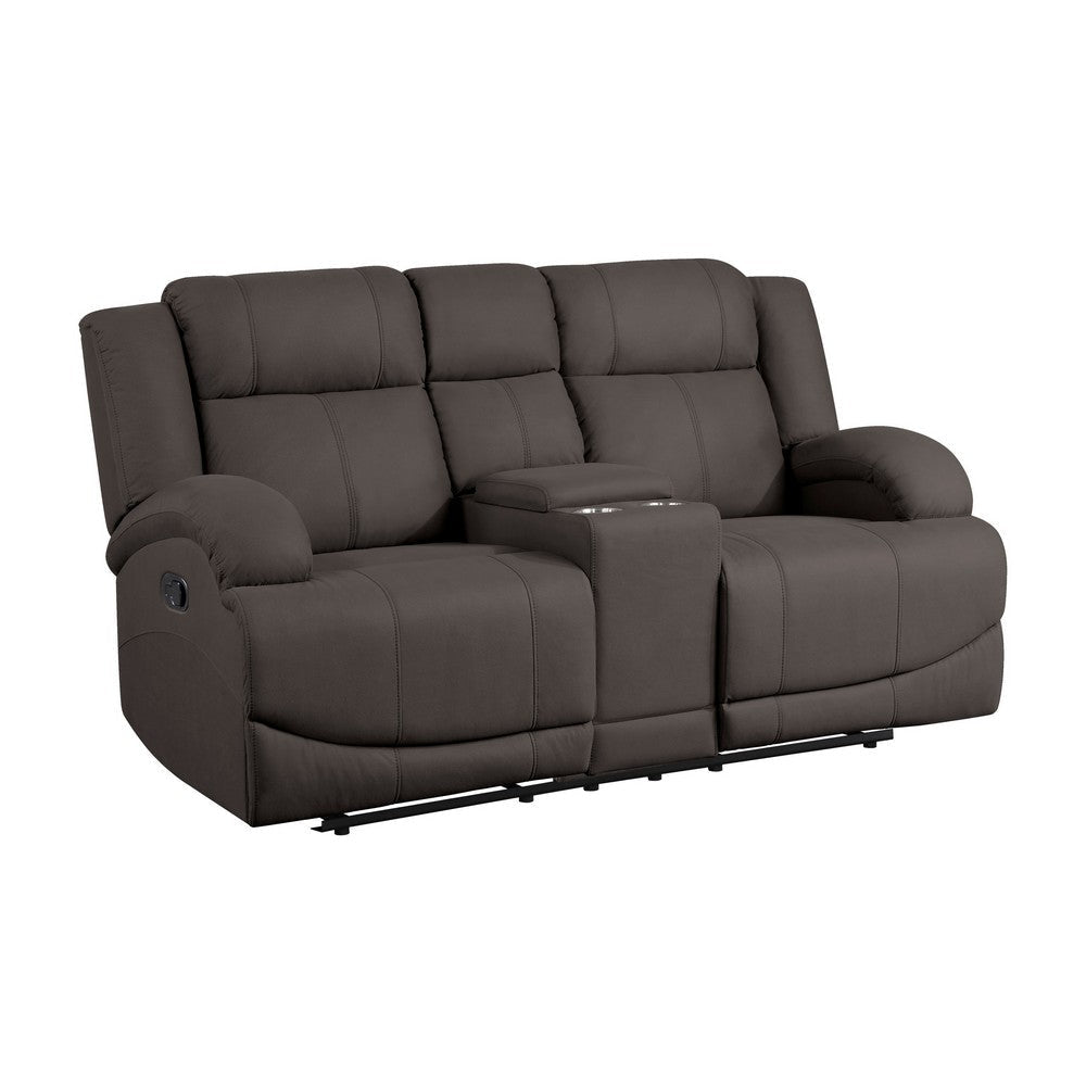 Kate 71 Inch Double Manual Recliner Loveseat, Center Console, Brown Fabric By Casagear Home