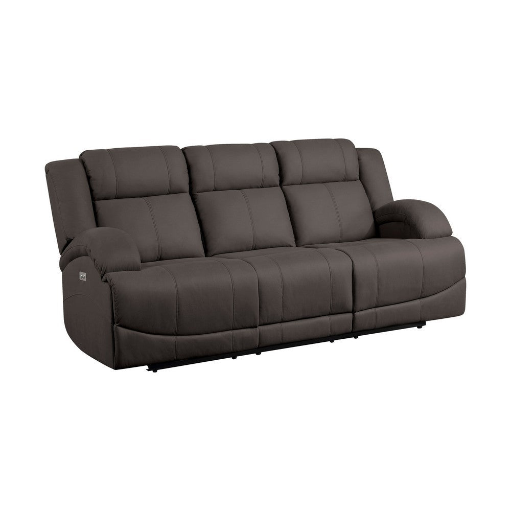 Kate 82 Inch Power Double Recliner Sofa, USB Ports, Brown Microfiber, Wood By Casagear Home