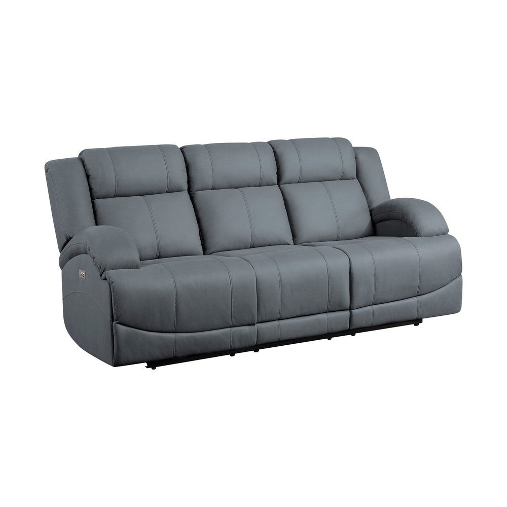 Kate 82 Inch Power Double Recliner Sofa, USB Ports, Blue Microfiber, Wood By Casagear Home