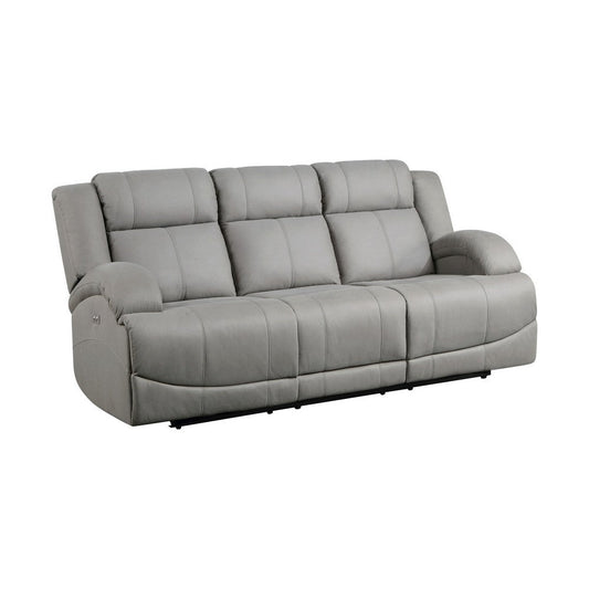 Kate 82 Inch Power Double Recliner Sofa, USB Ports, Gray Microfiber, Wood By Casagear Home