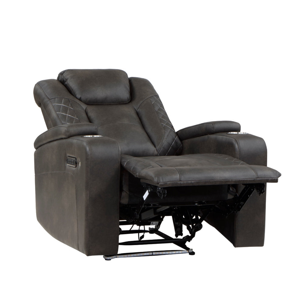 Mia 40 Inch Power Recliner Chair Gray Faux Leather LED USB Cupholders By Casagear Home BM315193