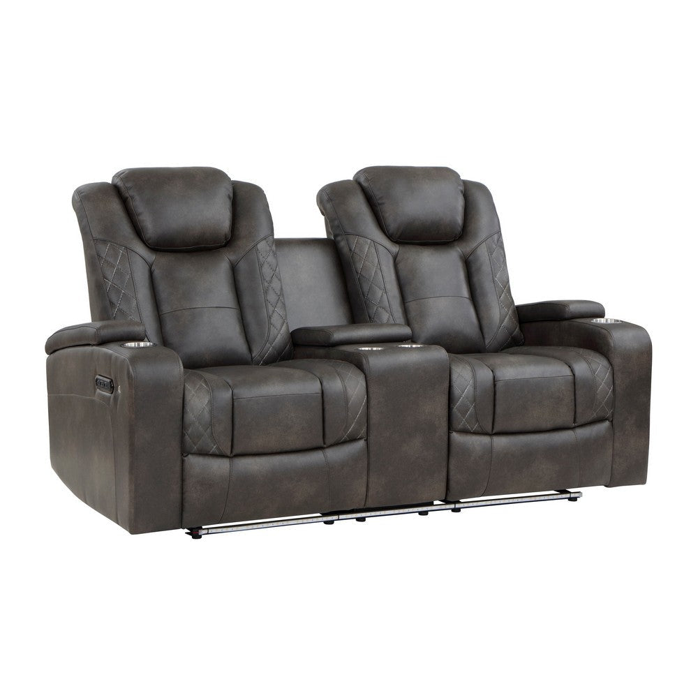 Mia 72 Inch Power Double Recliner Loveseat, Gray Faux Leather, LED, USB By Casagear Home