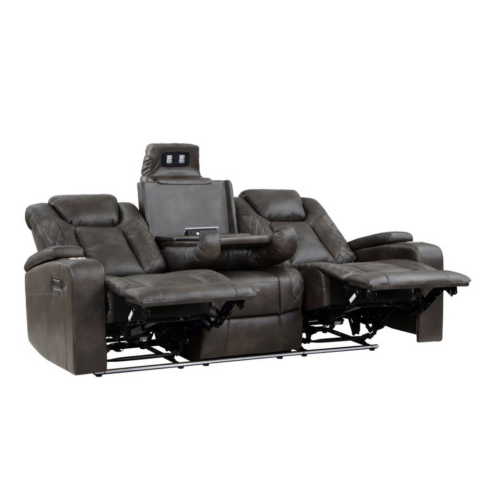 Mia 83 Inch Power Double Recliner Sofa Gray Faux Leather USB Drop Table By Casagear Home BM315195